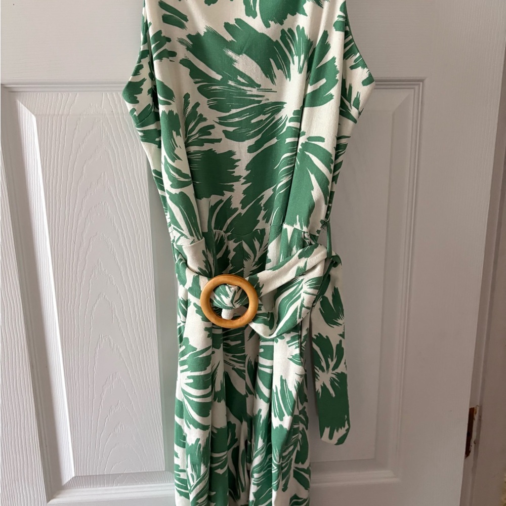 Monteau Green and Cream Midi Dress with Belt